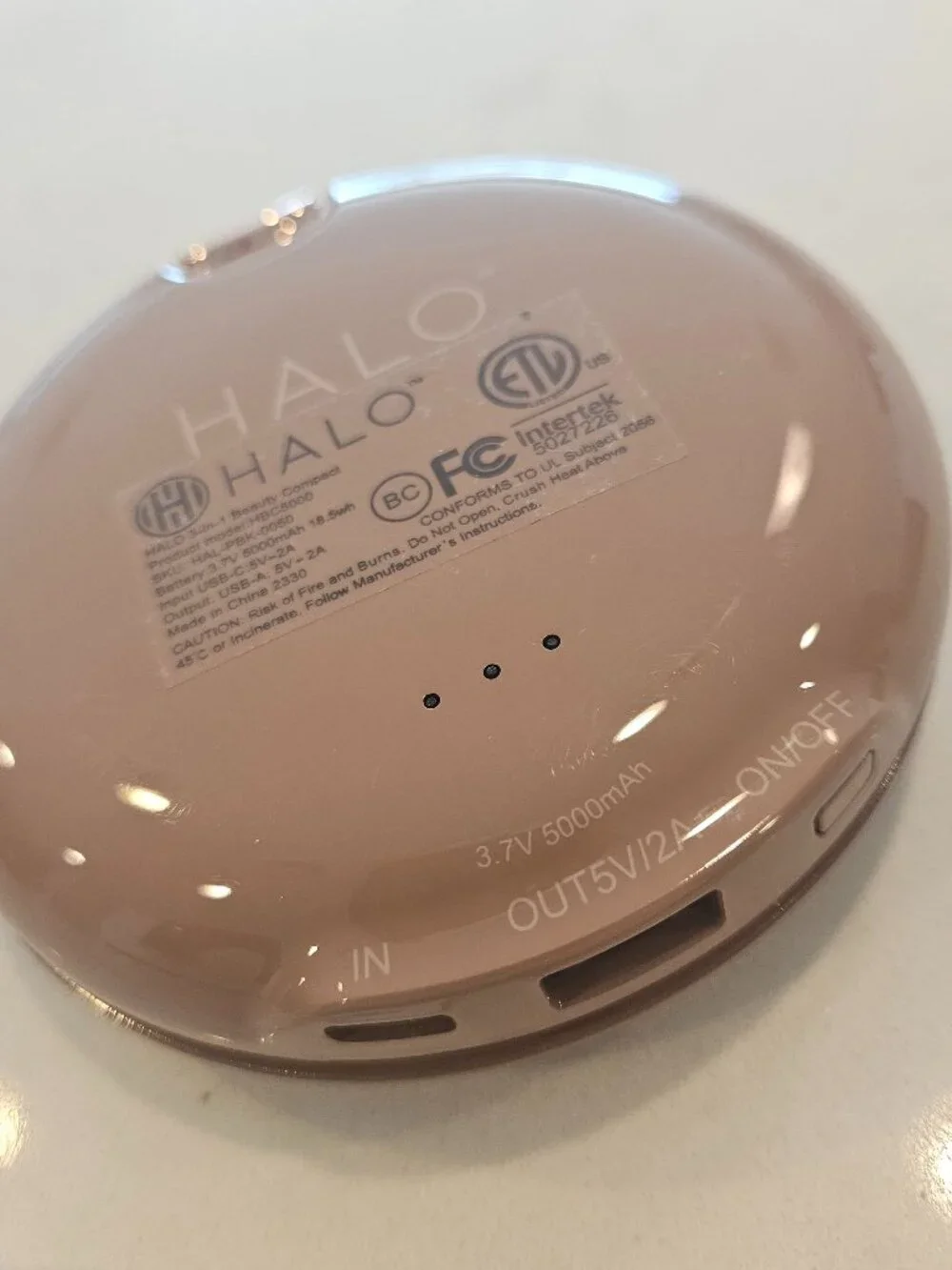 HALO Power Bank 3-in-1 Light Mirror Power Bank Compact w/ Charging Cable - Taupe
